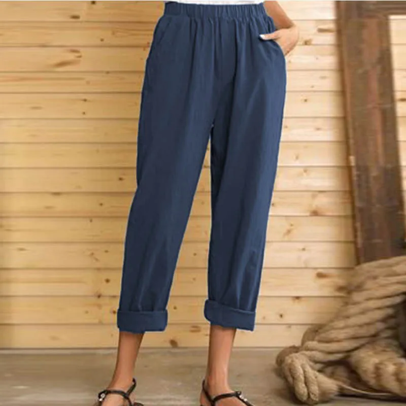 

Брюки женские хлопково-льняные с широкими штанинами, повседневные однотонные шаровары в стиле ретро, модные брюки с эластичным поясом и кар...