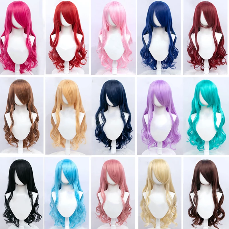 Long Curly Hair Synthetic Cosplay Wig With Bangs Pink White Black Lolita Wig Female High Temperature Silk Anime Fake Hair