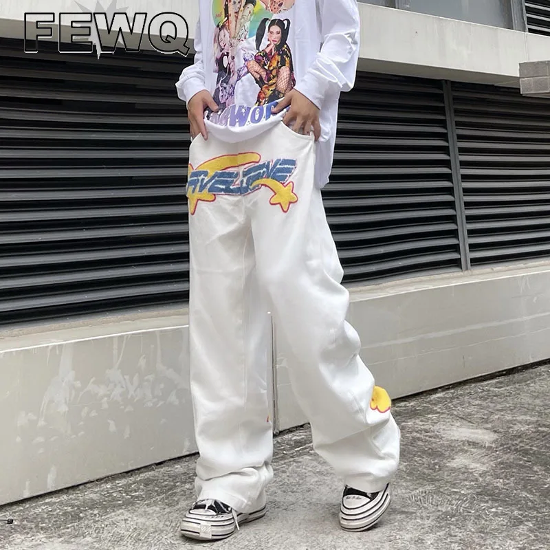 FEWQ Y2k Embroidry Men's Jeans Straight Male High Street Denim Trousers Casual Wide Leg Pants 2023 Spring Stlyish New 24B1071