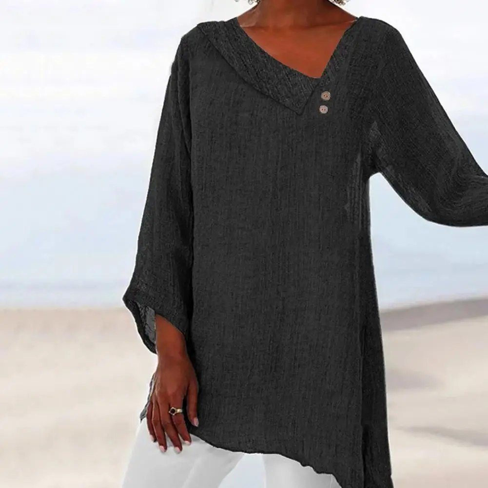 

Solid Color Women Top Fashionable Women's Skew Collar Lapel Pullover Tops Chic Streetwear with Long Sleeves Side Split Buttons