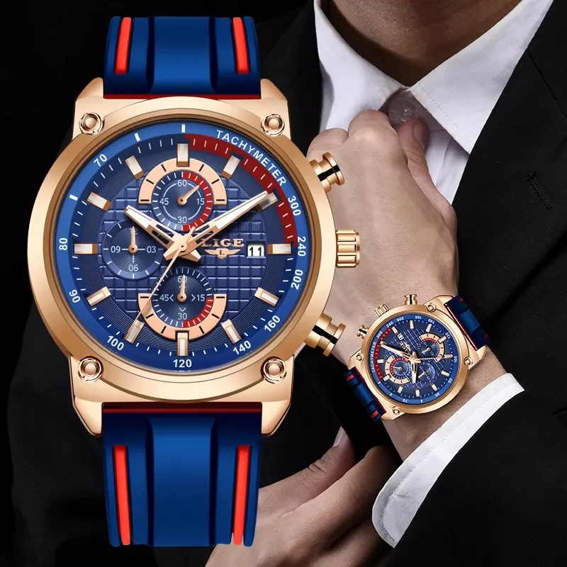 

2022 LIGE New Mens Watches Top Brand Luxury Dial Clock Male Fashion Silicone Waterproof Quartz Gold Watch Men Sport Chronograph