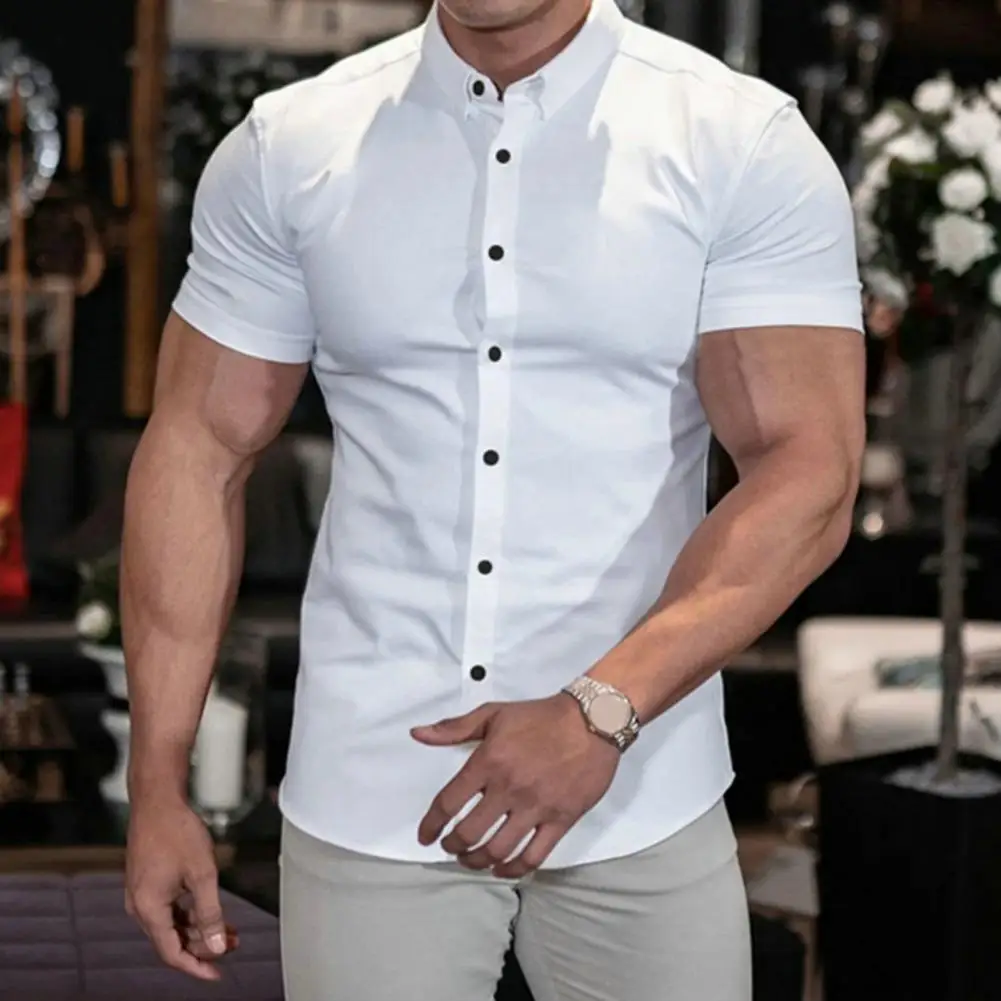 

Men Summer Lapel Short Sleeve Shirt Tops Single Breasted Men Shirt Slim Fit Stretchy Anti-wrinkle Business Shirt Workwear
