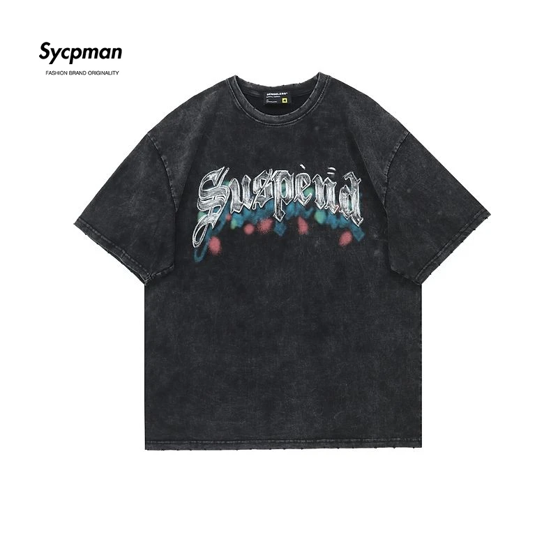 

Футболка Sycpman мужская с коротким рукавом, свободная Тяжелая хлопковая рубашка с принтом американских букв, на лето