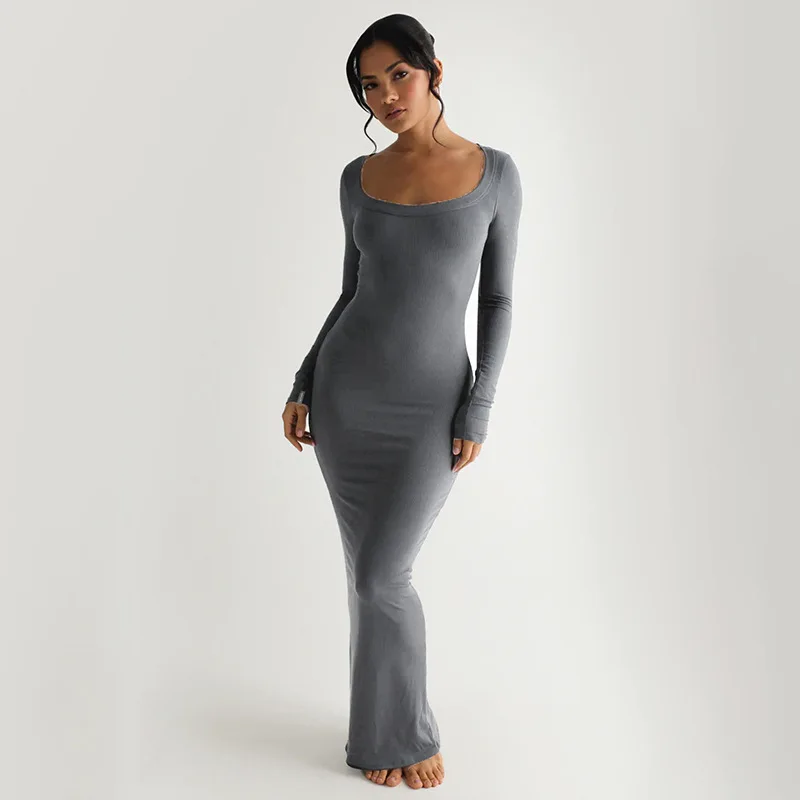 

Autumn and winter 202 sexy solid color knitted square neck long sleeve hip-covering slim long dress elegant party club clothing