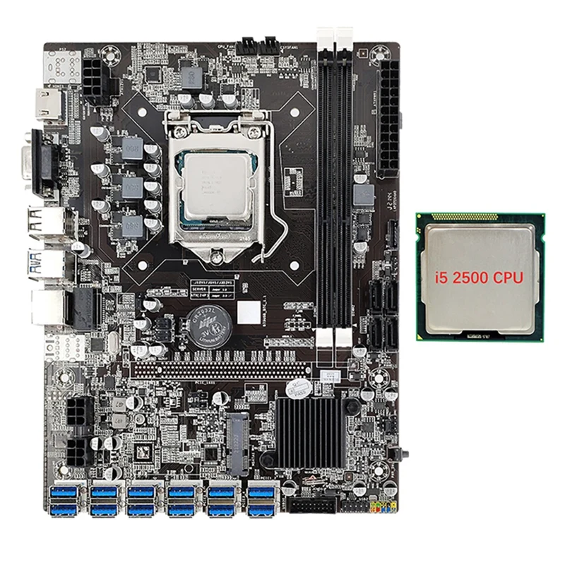 

12 Card B75 Mining Motherboard With I5 2500 CPU 12 USB3.0 To PCIE 1X GPU Slot LGA1155 DDR3 RAM SATA3.0 For BTC/ETH