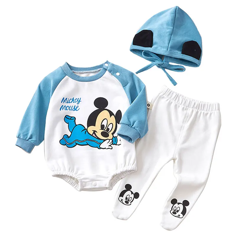 Disney Mickey Minnie Baby Romper Cotton Long Sleeves Bodysuits Infant Baby Boy Girl 3PCS Clothes Pants Hat Set Newborn Clothes images - 6