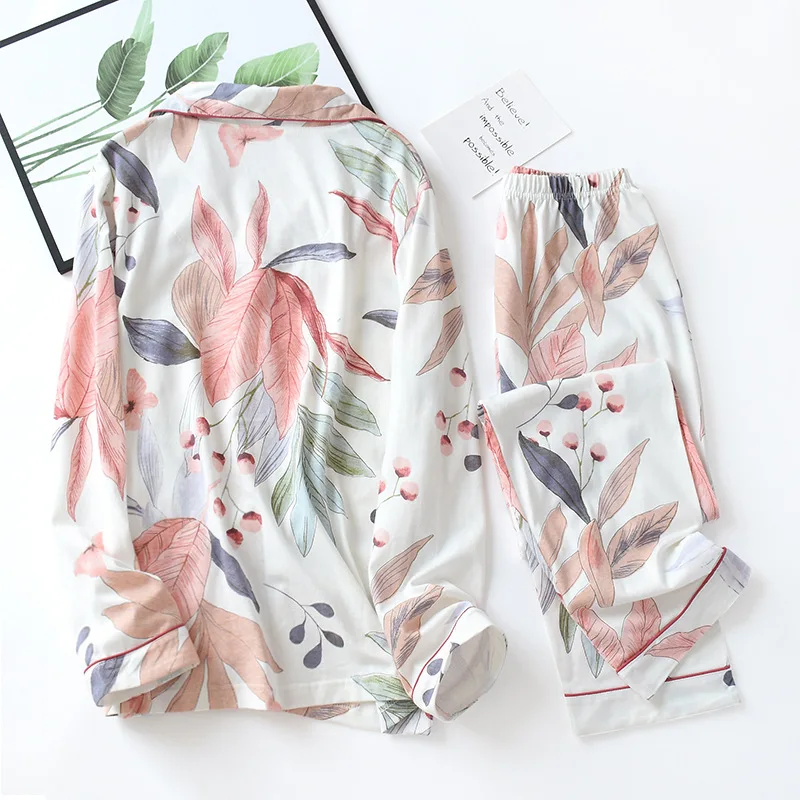 New Ladies Pajamas Suit Floral 100% Cotton Fresh Style Pajamas Suit Female Lapel Female Casual Home Wear Pyjama Pour
