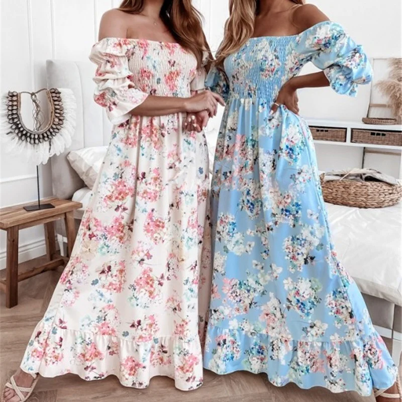 

Summer Boho Long Dress Printed One-shoulder Elegant Dress Fashion Beach Women Dresses Beach Maxi Dress Holiday Party Vestidos