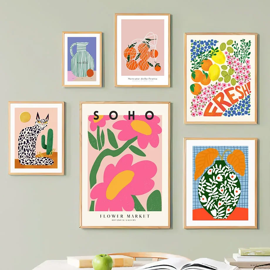 Скандинавские плакаты красочная кошка кактус лимон апельсин ваза настенное