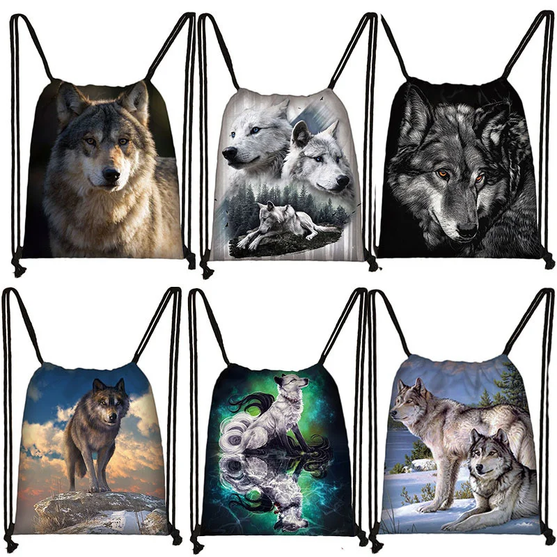 

Cool Howling Wolf Print Drawstring Bag Women Backpacks for Travelling Softback Canvas Shoes Bag Holder Gift