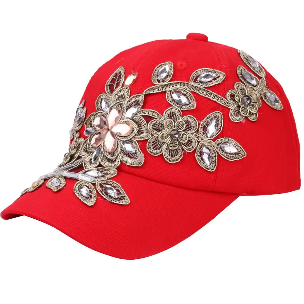 

Women Hats Portable Adjustable Shiny Rhinestone Flower Embroidery Sunscreen Summer Cap Head Wear