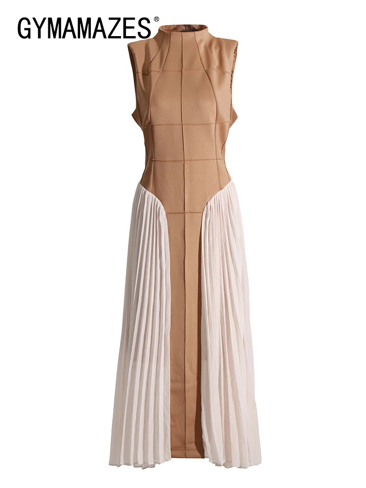 

Сетчатое платье GYMAMAZES в стиле пэчворк для женщин, с воротником-стойкой, без рукавов, с высокой талией, со складками, ТРАПЕЦИЕВИДНОЕ, женская модная одежда