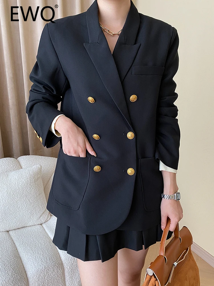 

EWQ French Double Breasted Blazers For Women Black Long Sleeve Elegant Female Jackets Fashion Clothing 2023 Autumn New 26D4858