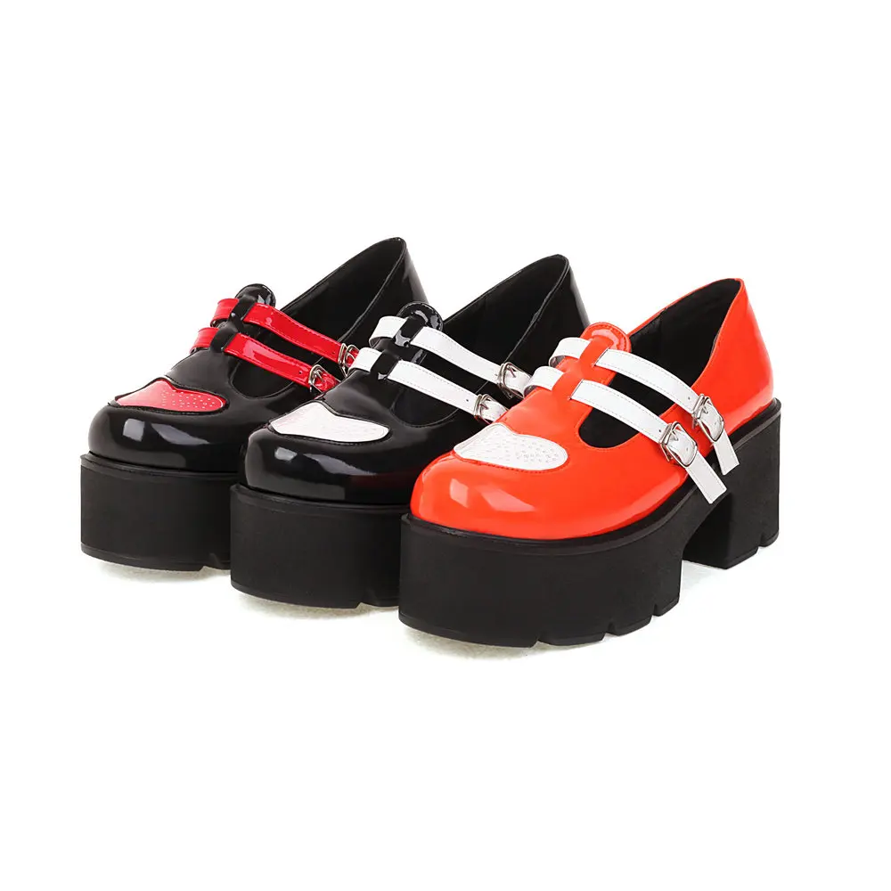 Women Thick Sole Platform Strap Gothic Lolita Shoes High Heels Double Buckle Mary Janes Pumps Patchwork Heart Shapes Footwear