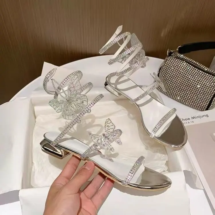 

Summer Crystal Snake Winding Sandals 2022 Women's Shiny Butterfly Roman Sandals Women's Sweet Fairy Flat Sandals Student Sandals