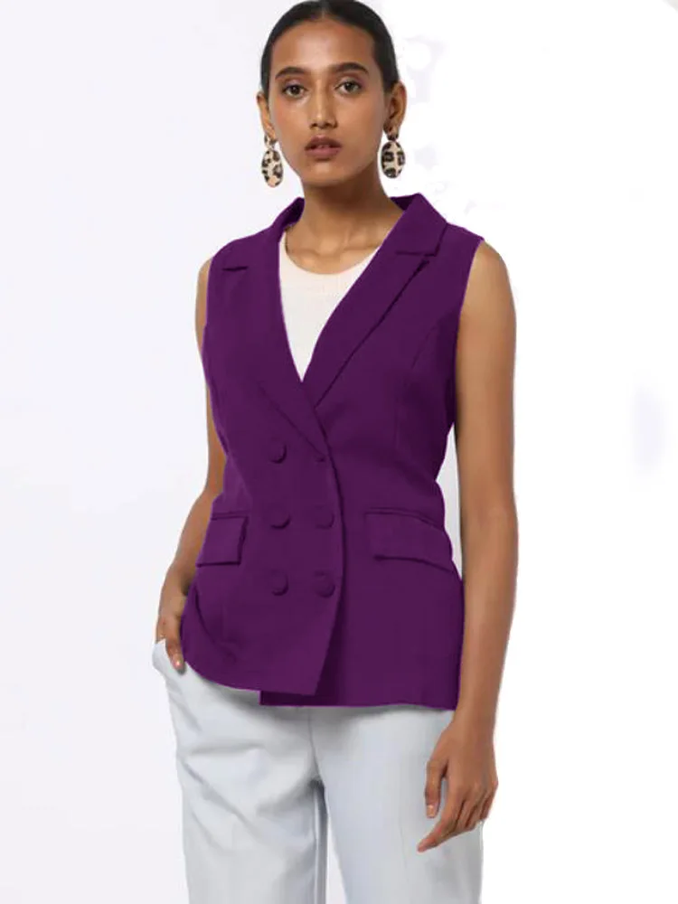 Womens Vest Lapel Sleeveless Jacket Double Breasted Casual Office Coats  Casaco Feminino