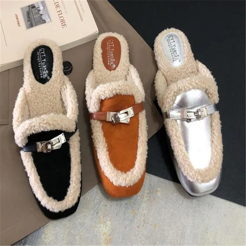

Fur Mules Shoes For Women Slip On Low Heel Outdoor Winter Slippers Women 2023 New Luxury Designer Warm Slides Office Shoes