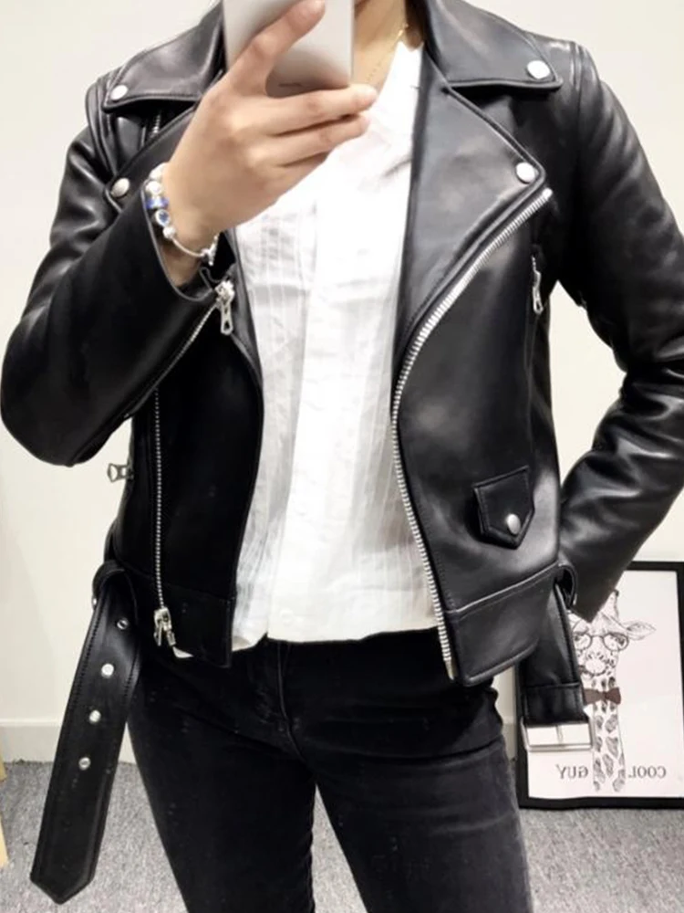 Women Spring Autumn Black Faux Leather Jackets Zipper Basic Coat Turn-down Collar Motor Biker Jacket with Belt Leather Jacket