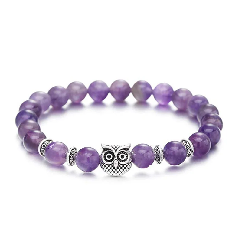 

New European and American Hot 8mm Natural Amethyst Bracelet Owl Amethyst Bracelet Wholesale Bracelet for Women