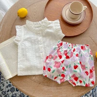 kid summer fashion set baby girl solid single breasted flying sleeves tops and cute flower loose shorts 2pc suit girls clothes