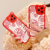 retro sweet girls rose line art leather embossing phone case for iphone 13 12 11 pro max xs max xr 7 8 plus case cute soft cover