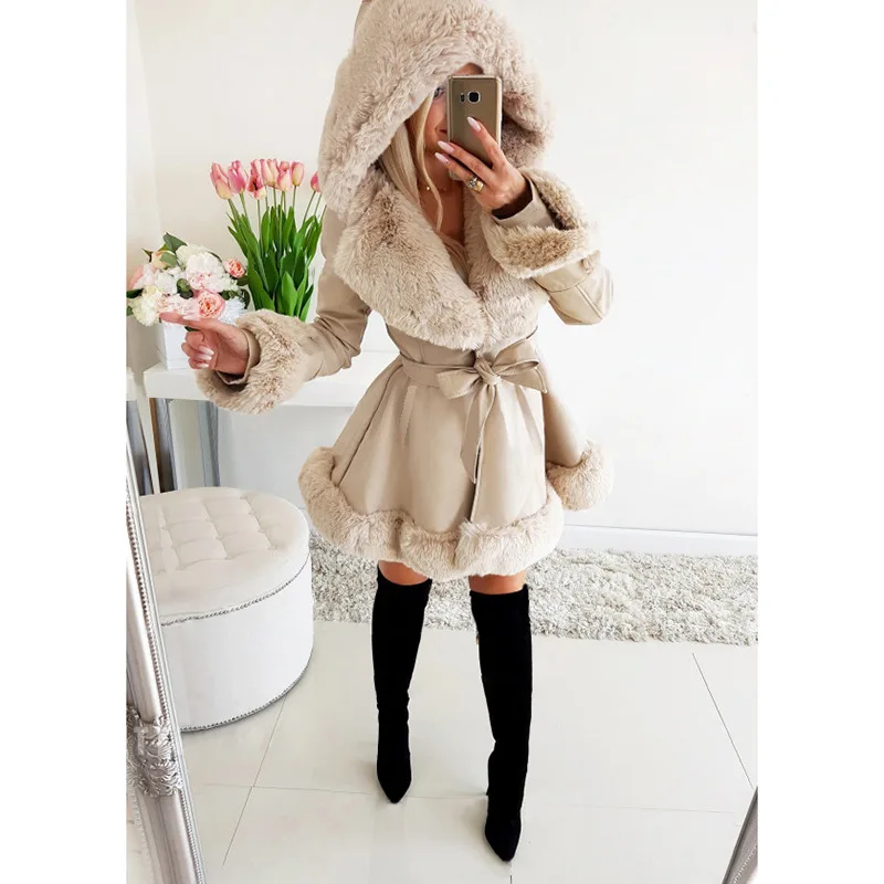 Women Fashion Winter PU Leather Hooded Jackets Ruffled Hem Coats Bandage Elegant Solid Faux Fur Warm Jackets Female Overcaot New