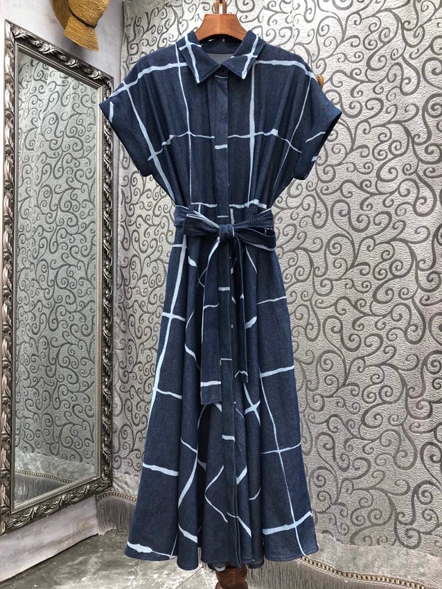 

2023 new women's fashion short-sleeved lapel plaid belt slim-fit long dress temperament high-end dress 0523