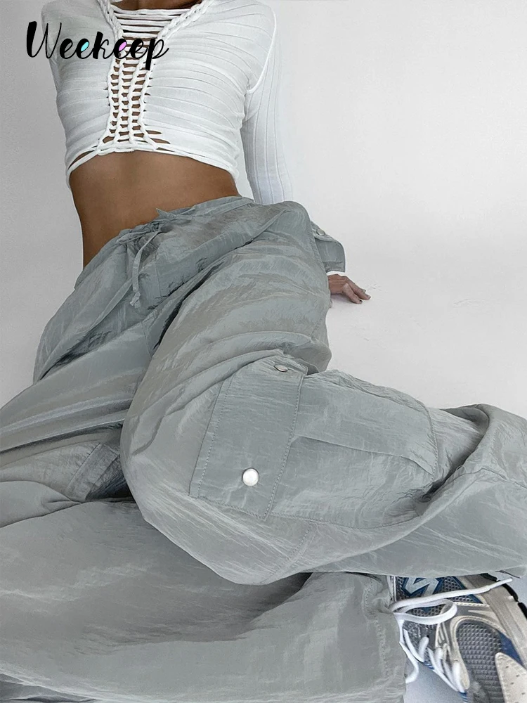 

Женские свободные брюки-карго Weekeep, серые модные брюки-карго на шнурке с низкой посадкой, повседневные штаны в стиле пэчворк