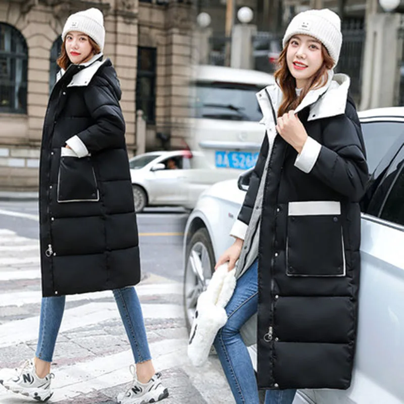 Long Parkas Women Solid Pockets Thicken Warm Jackets 2022 Winter Korean Fashion Casual Hooded Cotton Padded Jacket Female Y940