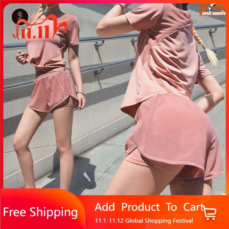

Yoga Sportswear Women's Mesh Breathable Quick-Drying Clothes Summer Short-Sleeved Shorts Running Fitness Sports Suit 5 Colors