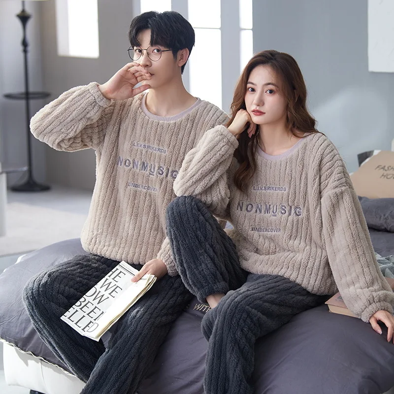 Autumn Winter Thick Coral Fleece Couple Pajamas 2Piece Set Sleep Top Pant Korean Fashion Warm Men's Homewear Women Sleepwear
