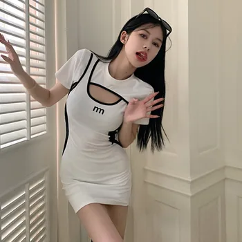 Hollowed Out O Neck Mini-Dress Summer Women's Dress Contrast Color Short Sleeves 1