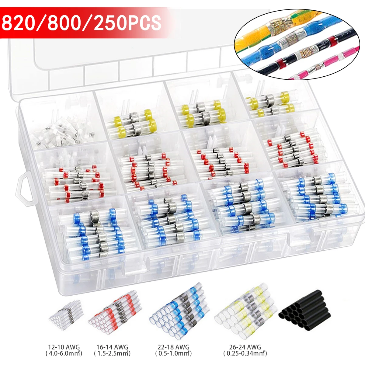 

250/800/820 шт. термоусадочный стыковой соединитель, уплотнение для припоя, соединитель для провода, IP67 водонепроницаемый изолированный терминал для ремонта электрических проводов