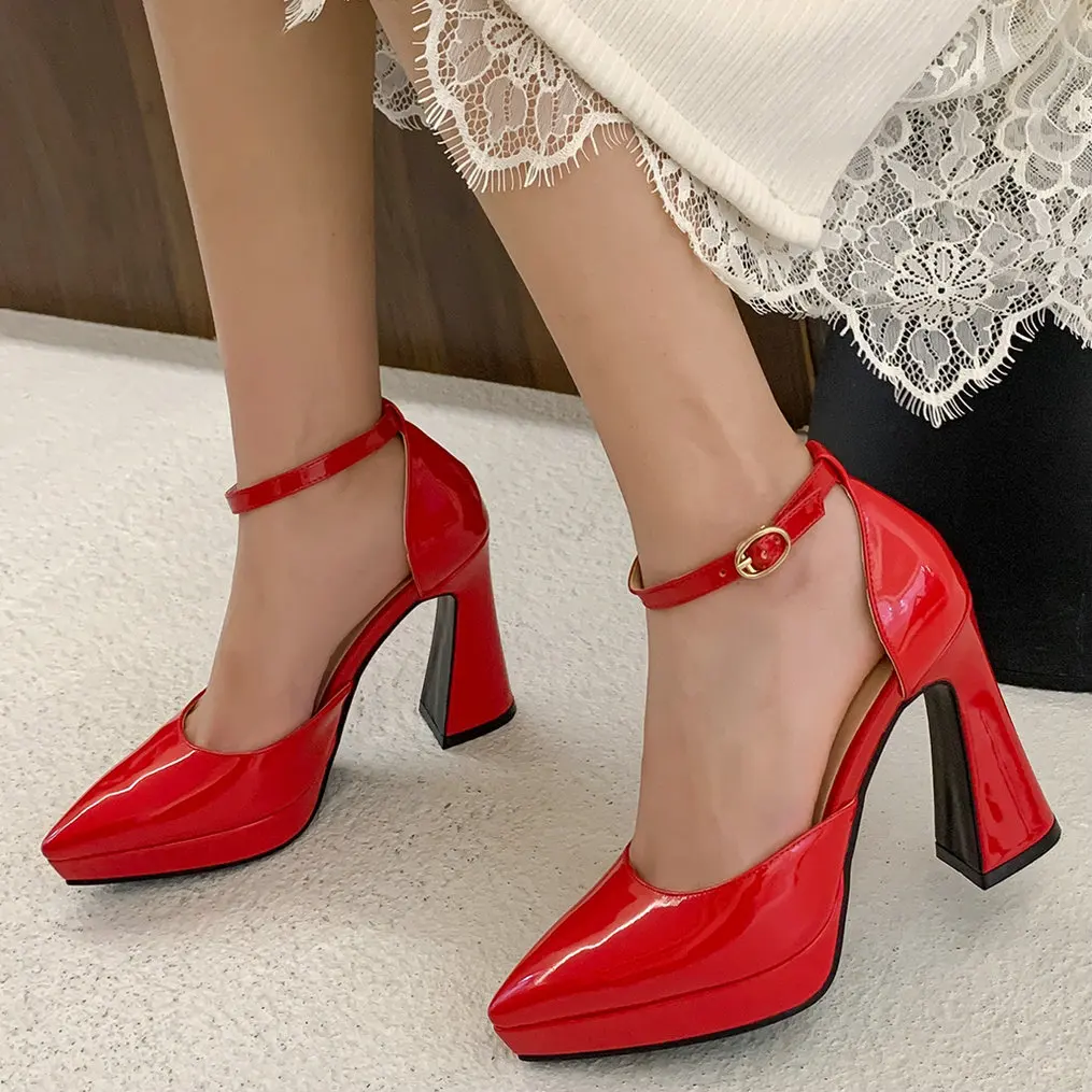 Eokkar 2022 Black Patent Leather Pointed Toe Ankle Strap Pumps Block High Heel Pumps White Dorsay High Heels Sexy Wedding Pumps