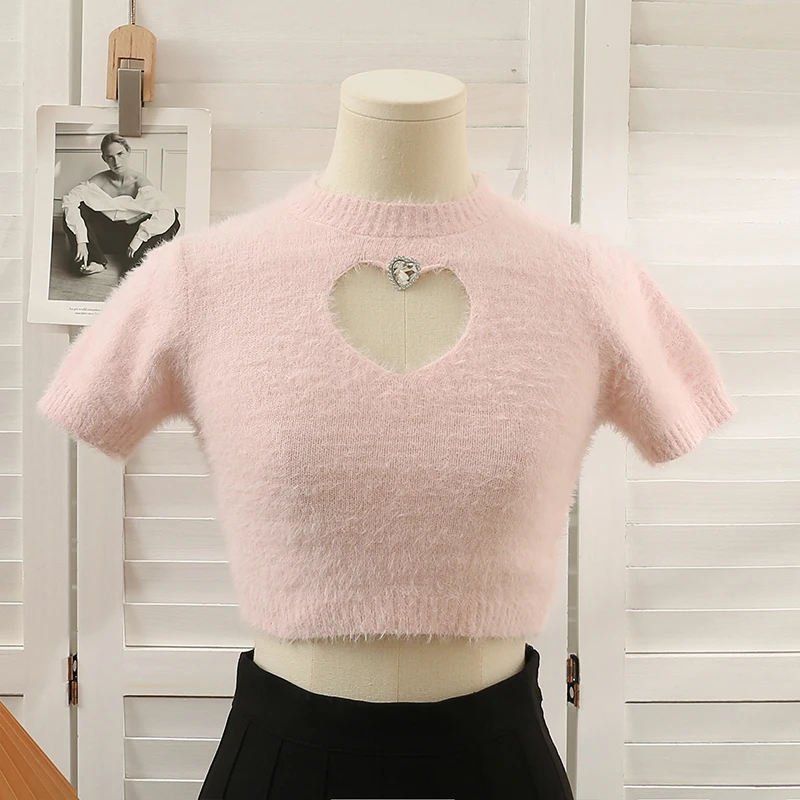 

Sweet Knitted TShirt Women Summer Heart Hollow Out Short Cute Tops Tee Kawaii T-shirts
