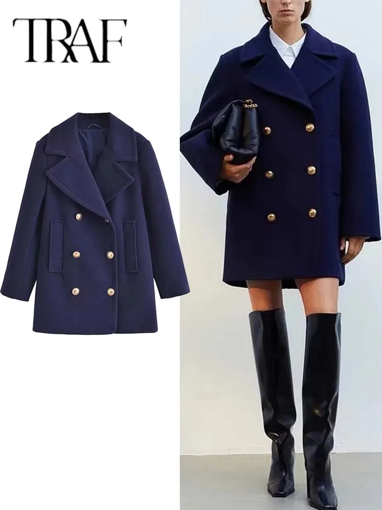 

Женское зимнее пальто TRAF 2023, новое модное двубортное шерстяное пальто, винтажная женская верхняя одежда с длинным рукавом, шикарное пальто