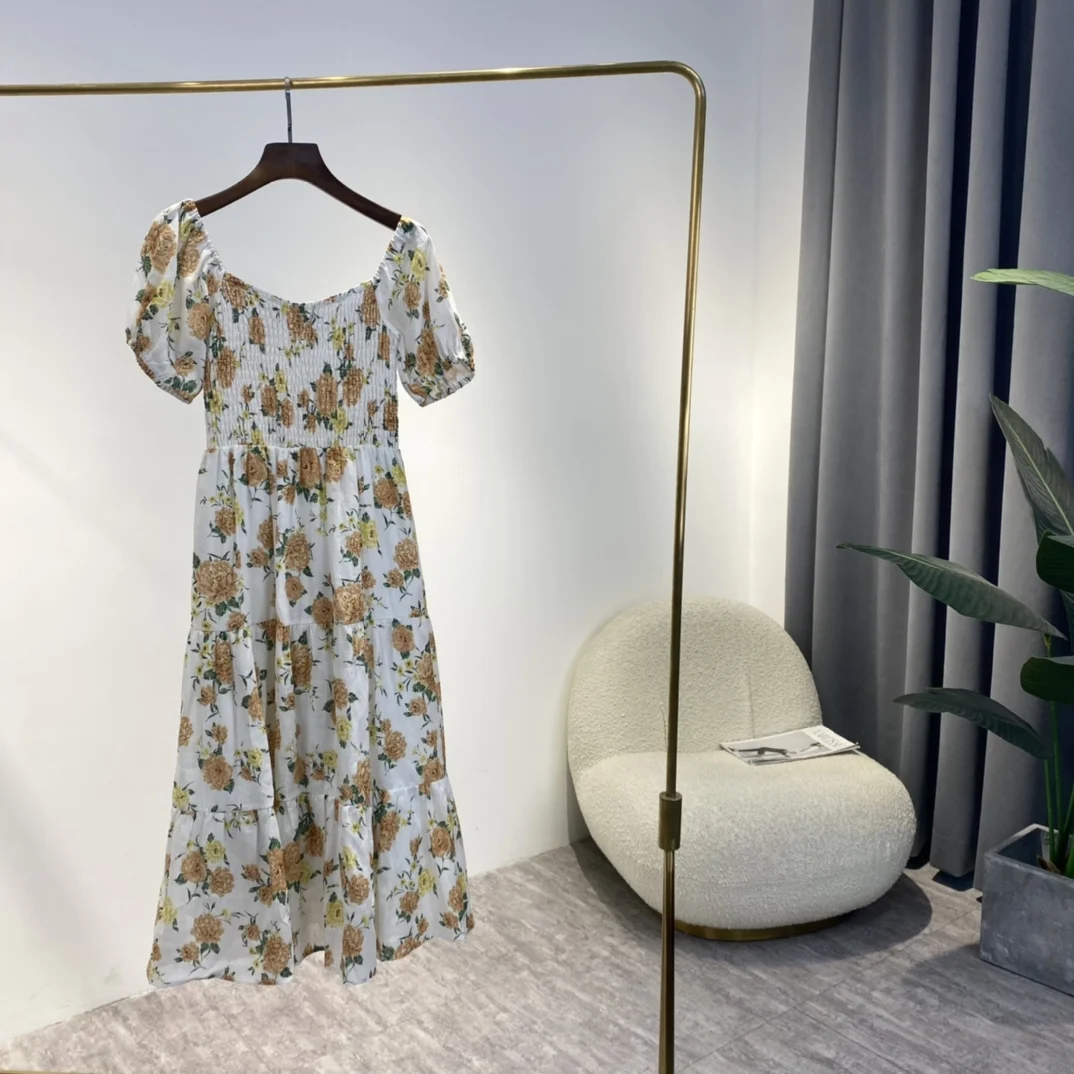 

Женское эластичное платье с коротким рукавом, элегантное льняное платье с цветочным принтом, весна-лето 2022