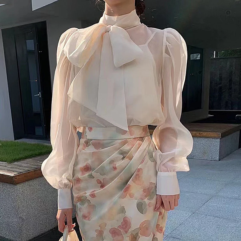 

Блузка женская сетчатая с бантом, корейский стиль, топ из двух предметов, рубашка с пышными рукавами, весна-осень