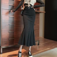 houzhou vintage black denim mermaid skirt women high waist slim split long skirts sexy korean fashion elegant causal streetwear