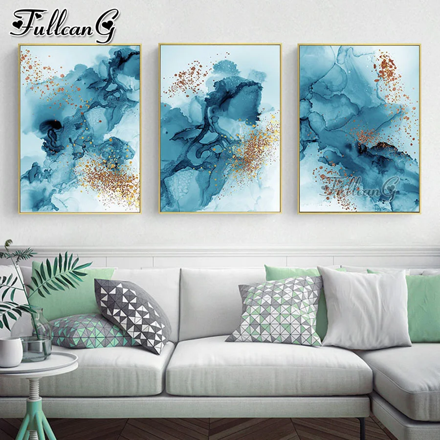 

Алмазная живопись, голубое золото, абстрактный пейзаж, полный квадрат, круглая дрель, алмазная вышивка, Триптих, товары для рукоделия AA3416