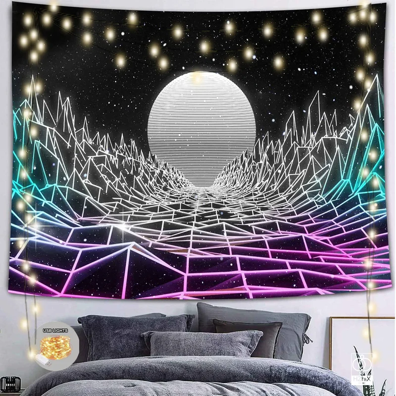 

Retro Cyber-Punk Tapestry with Lights Psychedelic Fantasy Future City Style Tapestries for Bedroom Living Room Decoration Decor