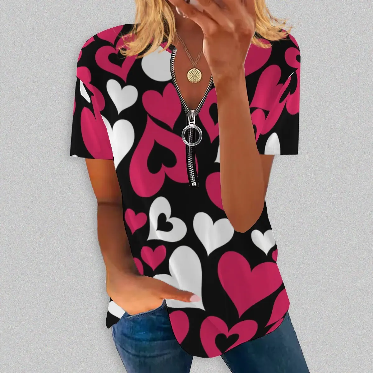 

Летняя новинка, Модный женский топ с круглым вырезом и длинным принтом на молнии, с коротким рукавом, повседневная фотография