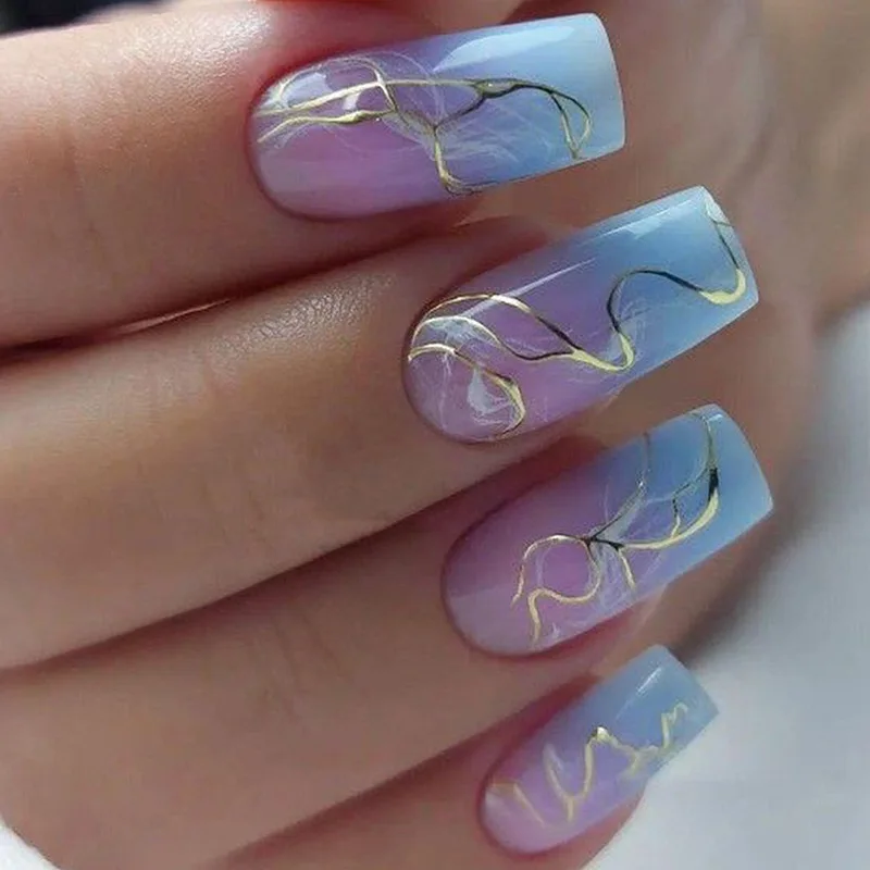 

3D fake nails accessories gradient blue pink marbling with gold lines french square tips faux ongles press on false nail supplie