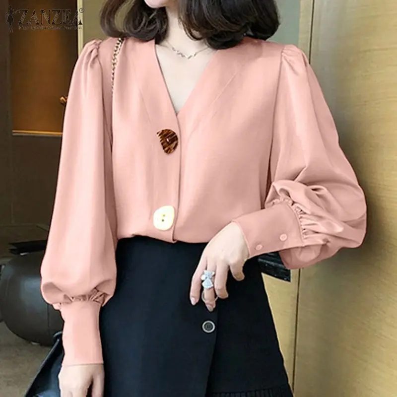 

Женская свободная рубашка с рукавами-фонариками и V-образным вырезом