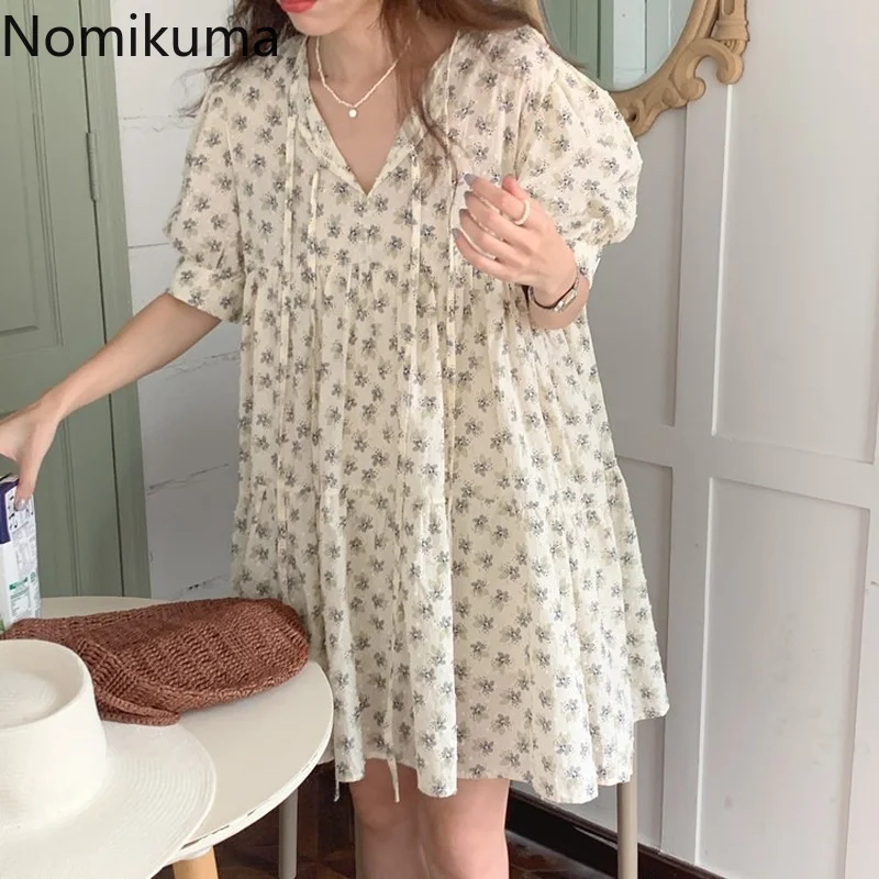 

Платье Nomikuma женское с пышными рукавами, свободное простое модное милое платье с цветочным принтом в Корейском стиле, лето