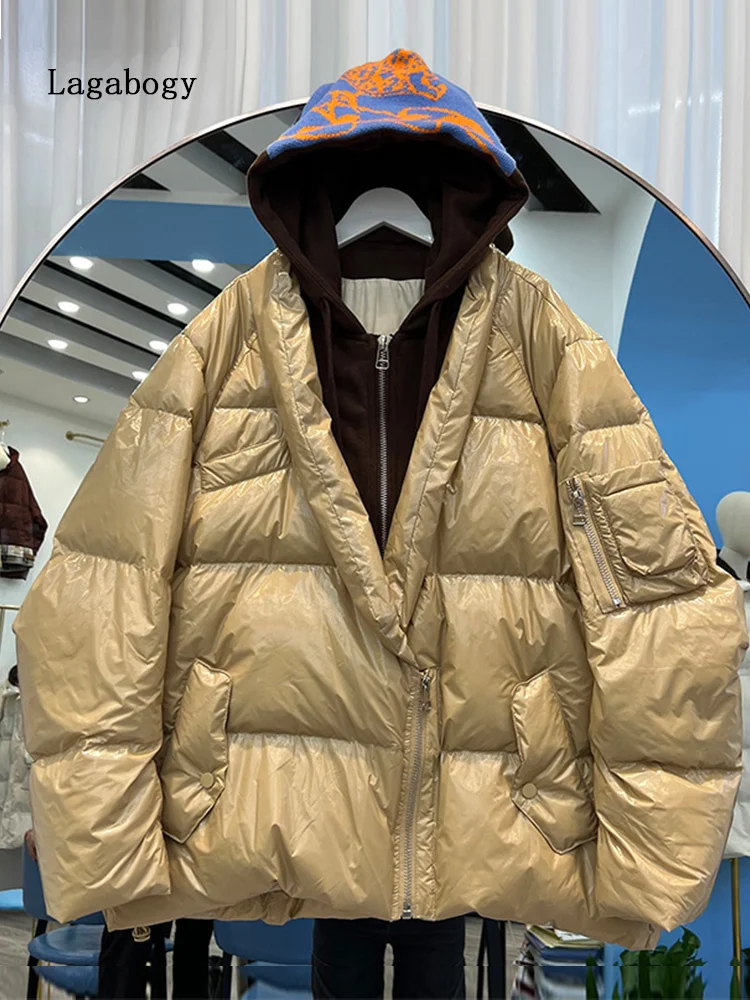 2022 New Winter Women's Short Down Jacket Hooded Warm Parka Fake Two Puffer Coat Female Loose Overcoat Snow Outwear