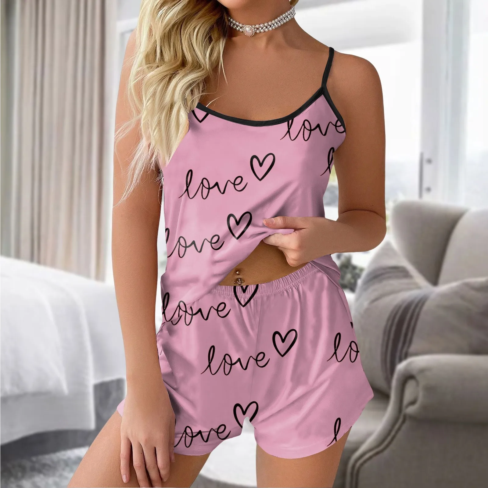 

Пижамный комплект, женская одежда для сна, атласный Шелковый топ без рукавов с принтом сердечек и шорты, пижама с бантом, нижнее белье