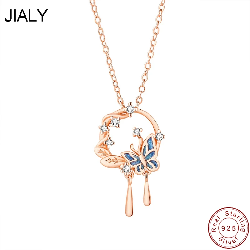 

JIALY European Rose Butterfly CZ Flower S925 Sterling Silver Necklace For Women Birthday Party Gift Wedding Jewelry