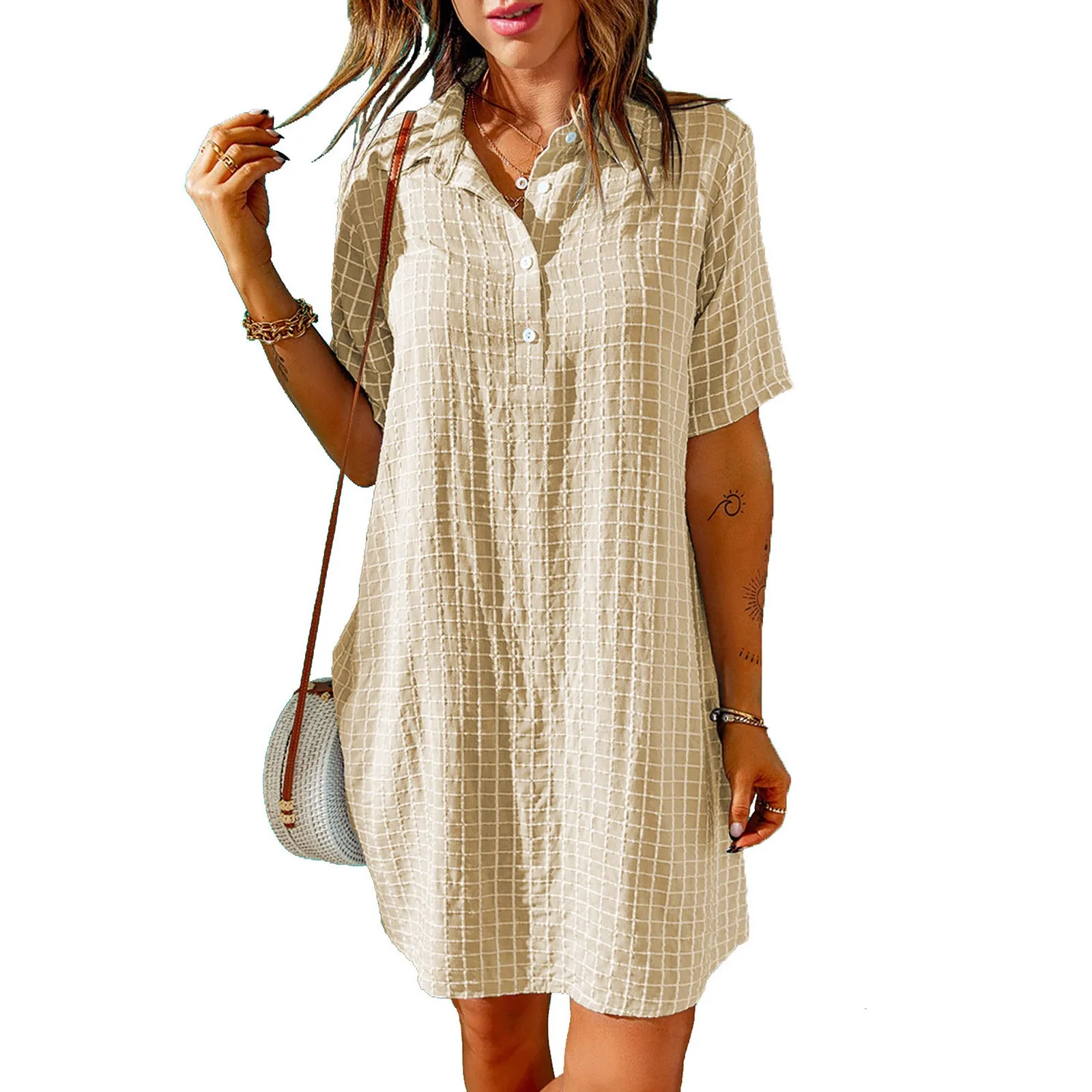 

Платье-рубашка женское с коротким рукавом, модное пикантное мини-платье в клетку, повседневное свободное летнее платье