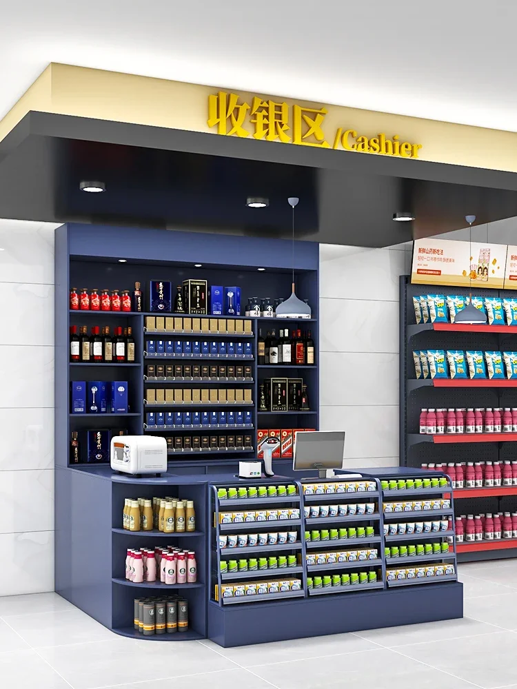 Стеллаж из массива дерева для хранения табака и вина в супермаркете